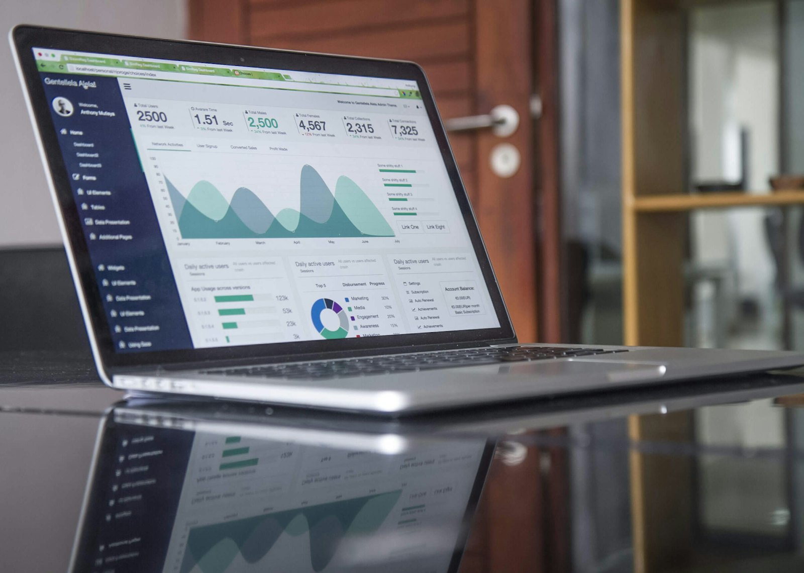 Laptop met een dashboard vol grafieken op een donker bureau