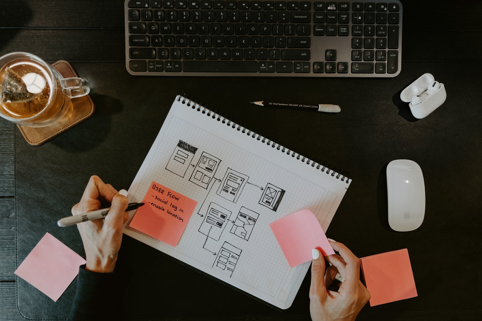 Wireframe-schetsen en een toetsenbord op een donker bureau