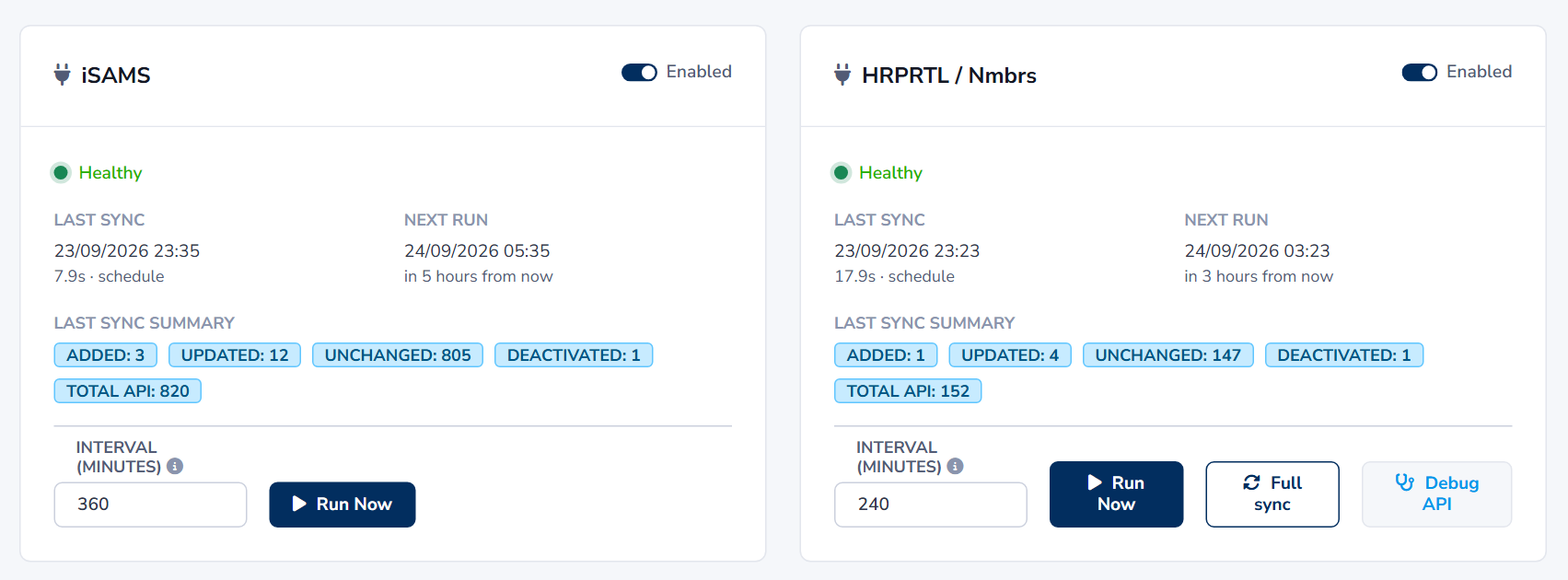 Overzicht van de koppelingen met iSAMS en HRprtl/Nmbrs, met per koppeling de status, de laatste synchronisatie en wat er veranderde