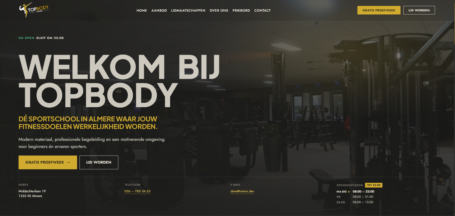 De nieuwe TopBody Fitness-site met een rustige, donkere hero
