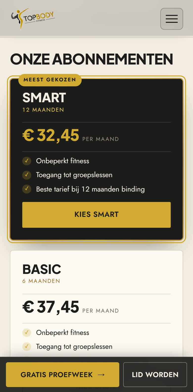 De pagina met abonnementen op een telefoon: Smart voor 32,45 euro per maand bij 12 maanden en Basic voor 37,45 euro bij 6 maanden