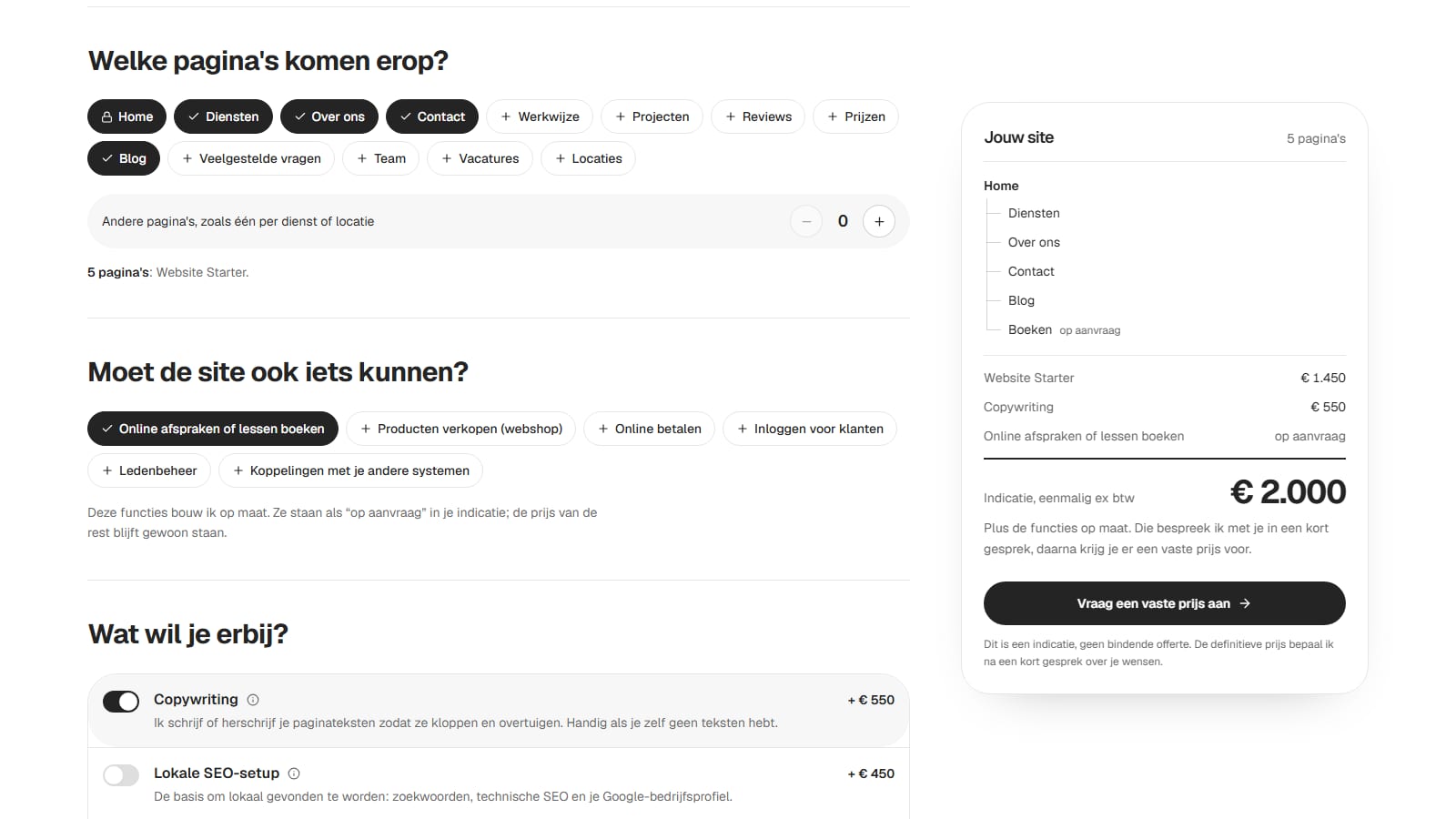 De prijsconfigurator op vienix.dev: gekozen pagina's en functies, met rechts de samenvatting en een indicatie van 2.000 euro